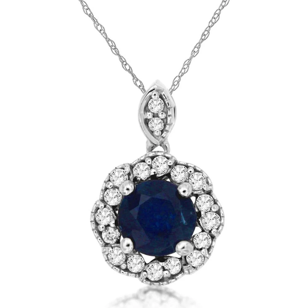 14K White Gold Sapphire & Diamond Halo Pendant - 0.80 Carats Sapphire, 0.16 Carats Total Diamond Weight - Royal Jewelry