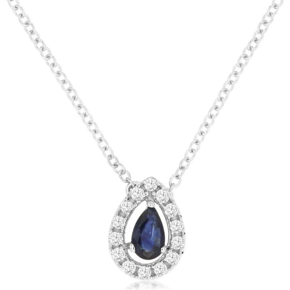 14K White Gold Sapphire & Diamond Halo Pendant Necklace - 0.42 Carats Total Gemstone Weight - Royal Jewelry