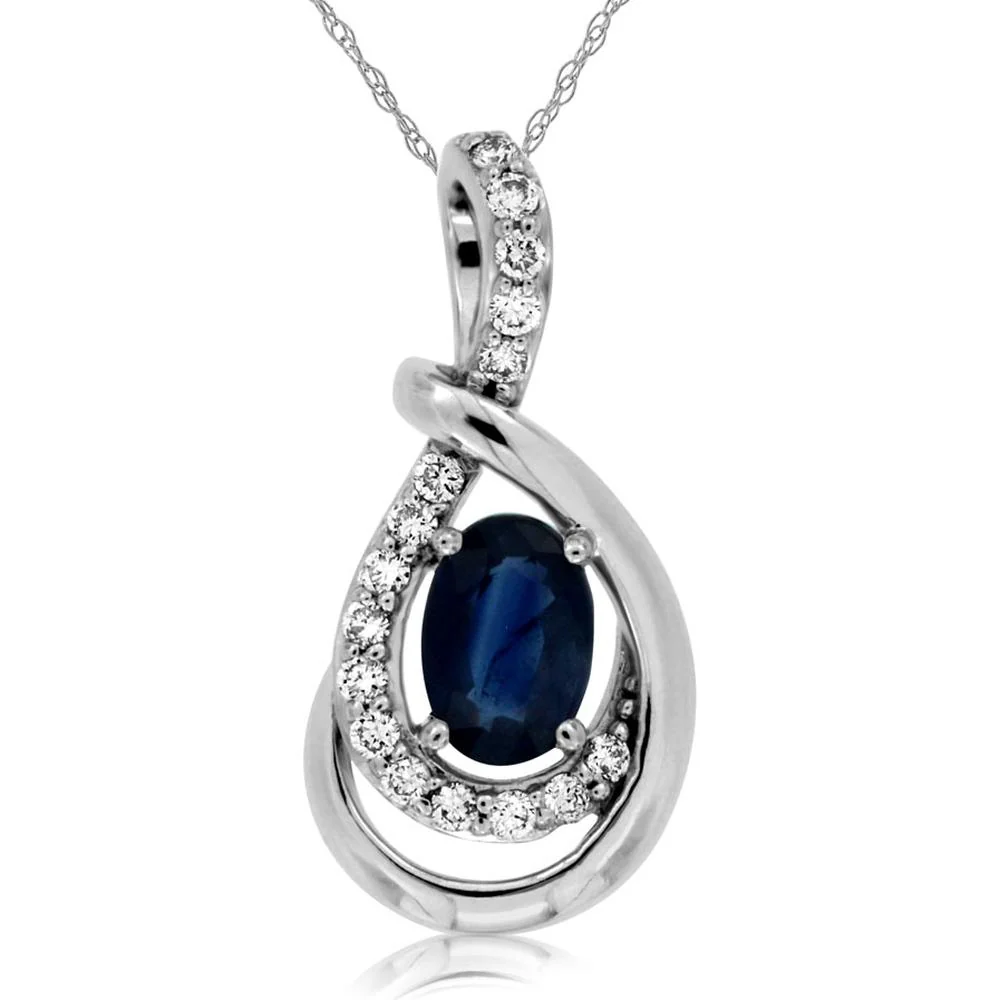14K White Gold Sapphire & Diamond Halo Pendant with 0.65 Carats Oval Sapphire and 0.13 Carats Total Diamond Weight - Royal Jewelry
