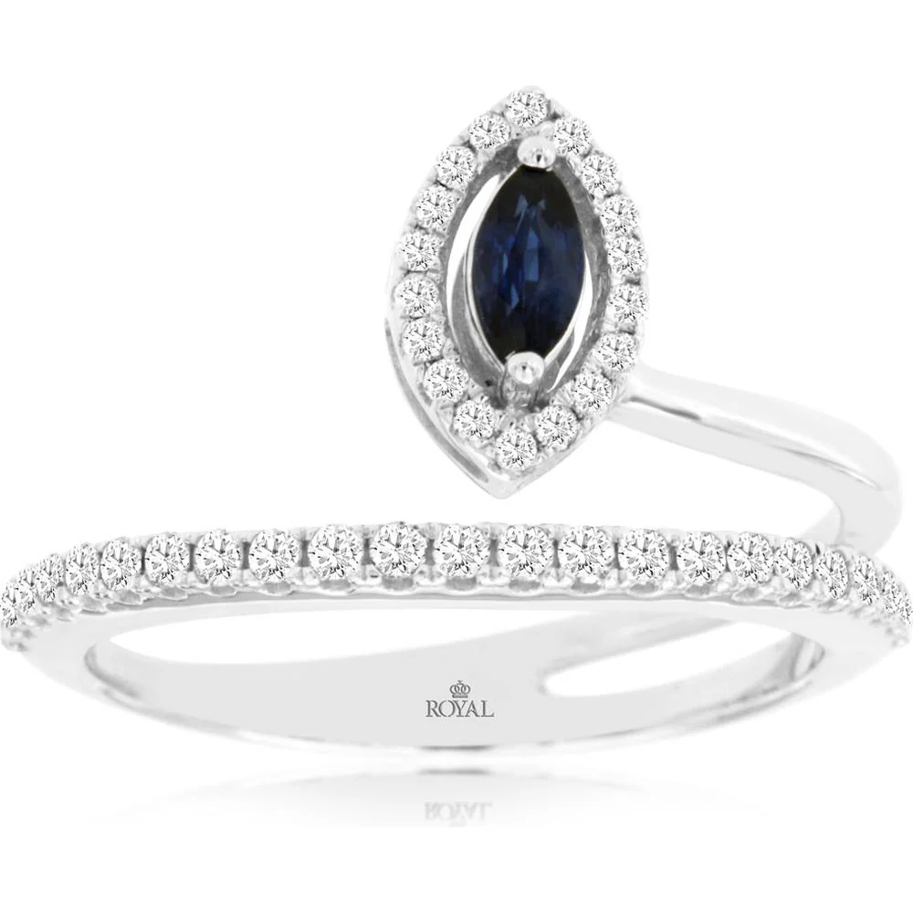 14K White Gold Sapphire and Diamond Halo Ring - 0.22 Carats Sapphire, 0.32 Carats Total Diamond Weight - Royal Jewelry