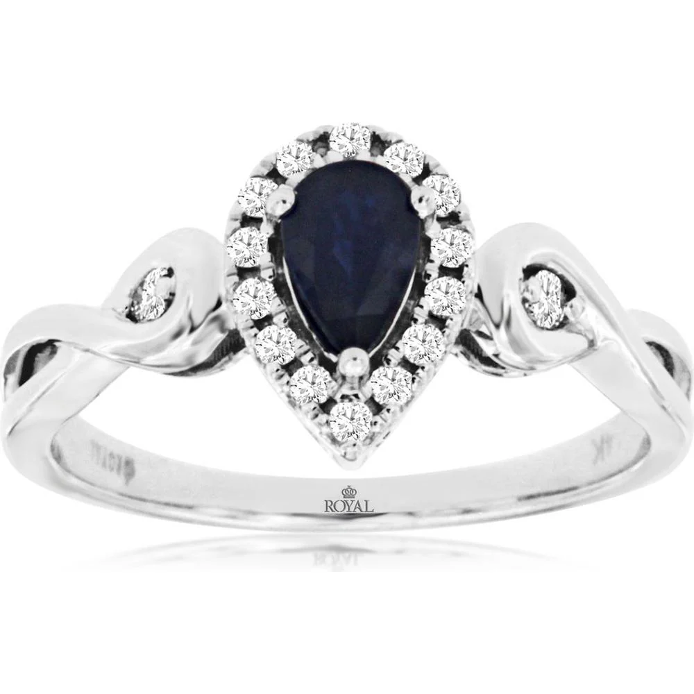 14K White Gold Sapphire & Diamond Halo Ring - 0.53 Carats Sapphire & 0.16 Carats Total Diamond Weight - Royal Jewelry