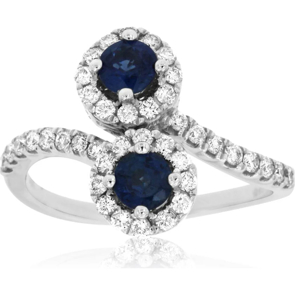 14K White Gold Sapphire & Diamond Halo Ring - 1.04 Carats Total Sapphire Weight, 0.56 Carats Total Diamond Weight - Royal Jewelry