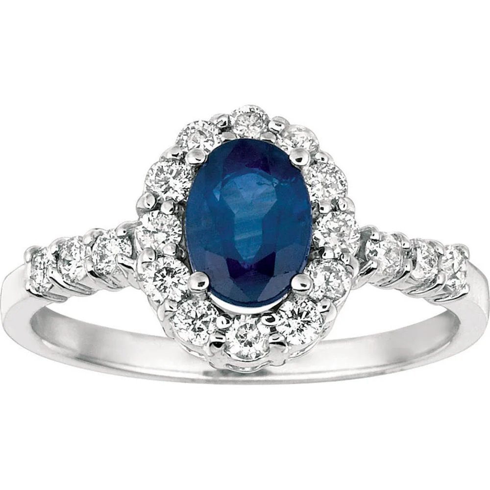 14K White Gold Sapphire & Diamond Halo Ring - 1.47 Carats Total Carat Weight - Royal Jewelry