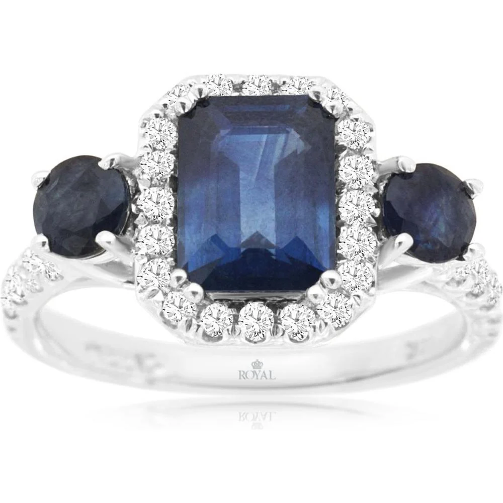 14K White Gold Sapphire & Diamond Halo Ring - 1.85 Carats Sapphire & 1 Carat Total Diamond Weight - Royal Jewelry