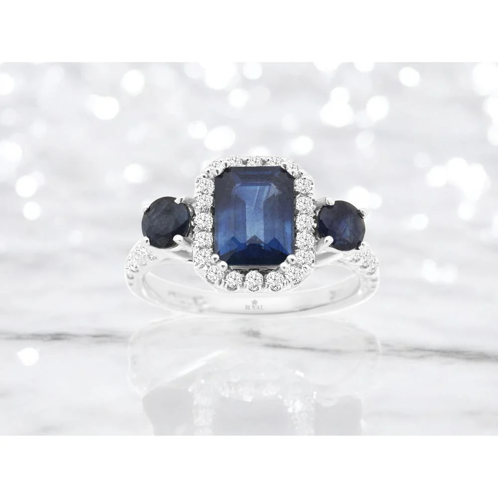 14K White Gold Sapphire & Diamond Halo Ring - 1.85 Carats Sapphire & 1 Carat Total Diamond Weight - Royal Jewelry - Image 2