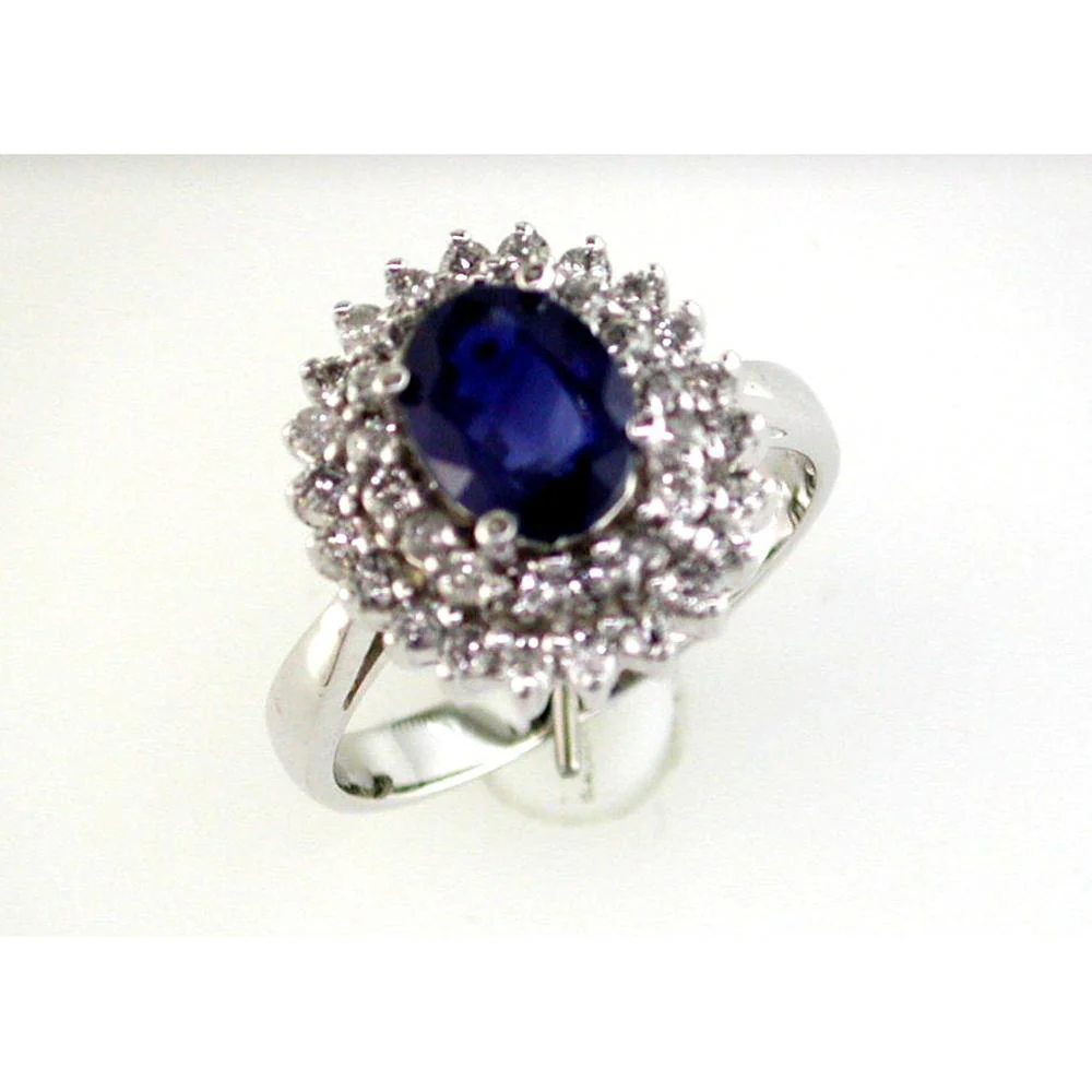 14K White Gold Sapphire & Diamond Halo Ring - 2.17 Carats Total Gem Weight - Royal Jewelry