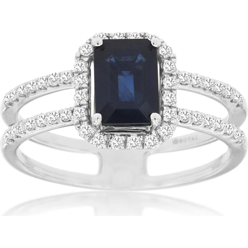 14K White Gold Sapphire & Diamond Halo Ring with 1.10 Carats Emerald Cut Sapphire and 0.30 Carats Total Diamond Weight - Royal Jewelry