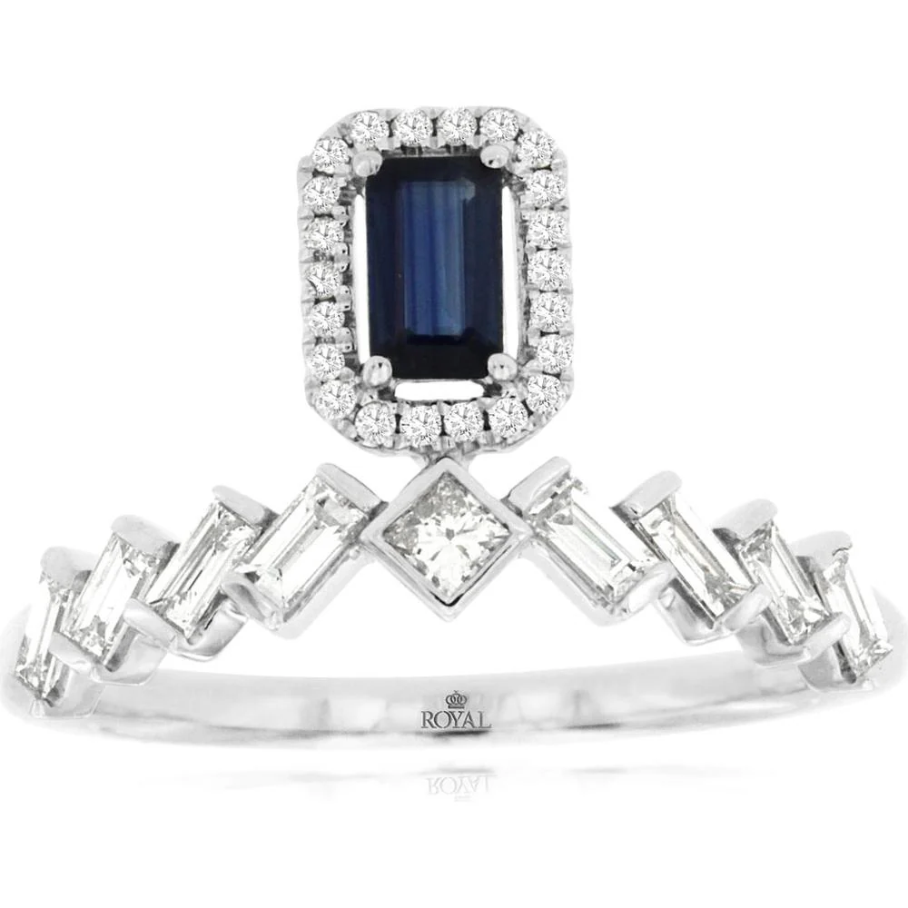 14K White Gold Sapphire & Diamond Halo Ring with Emerald Cut Sapphire - 0.37 Carats Sapphire, 0.35 Carats Total Diamond Weight - Royal Jewelry