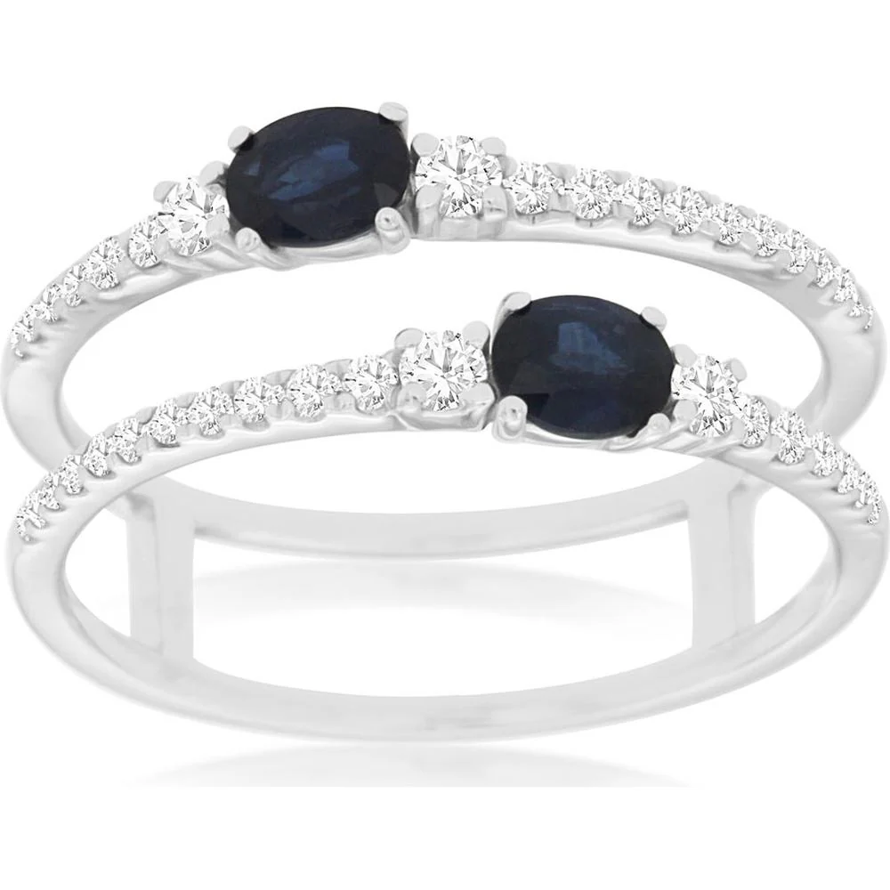 14K White Gold Sapphire & Diamond Halo Ring with Oval Sapphire - 0.75 Carats Total Gem Weight - Royal Jewelry