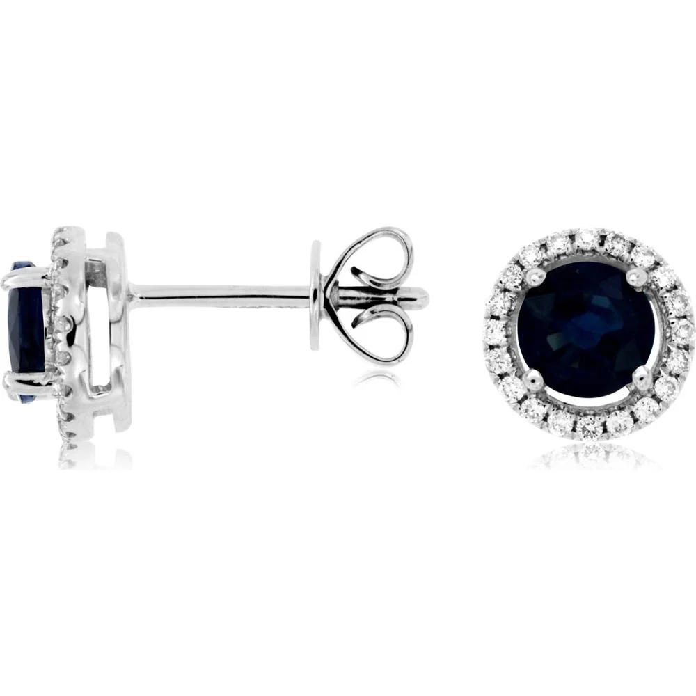 14K White Gold Sapphire & Diamond Halo Stud Earrings - 1.10 Carats Sapphire Total Weight, 0.30 Carats Total Diamond Weight - Royal Jewelry