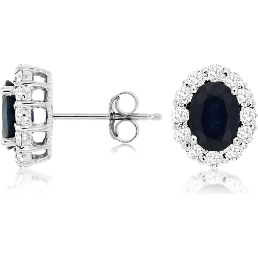 14K White Gold Sapphire & Diamond Halo Stud Earrings - 2.00 Carats Total Sapphire Weight, 0.60 Carats Total Diamond Weight - Royal Jewelry