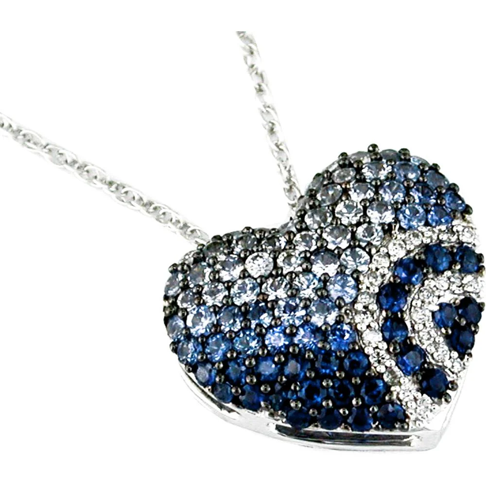 14K White Gold Sapphire and Diamond Heart Pendant Necklace with Round Blue Sapphires - 1.95 Carat Sapphire Weight and 0.10 Carat Diamond Weight - Royal Jewelry