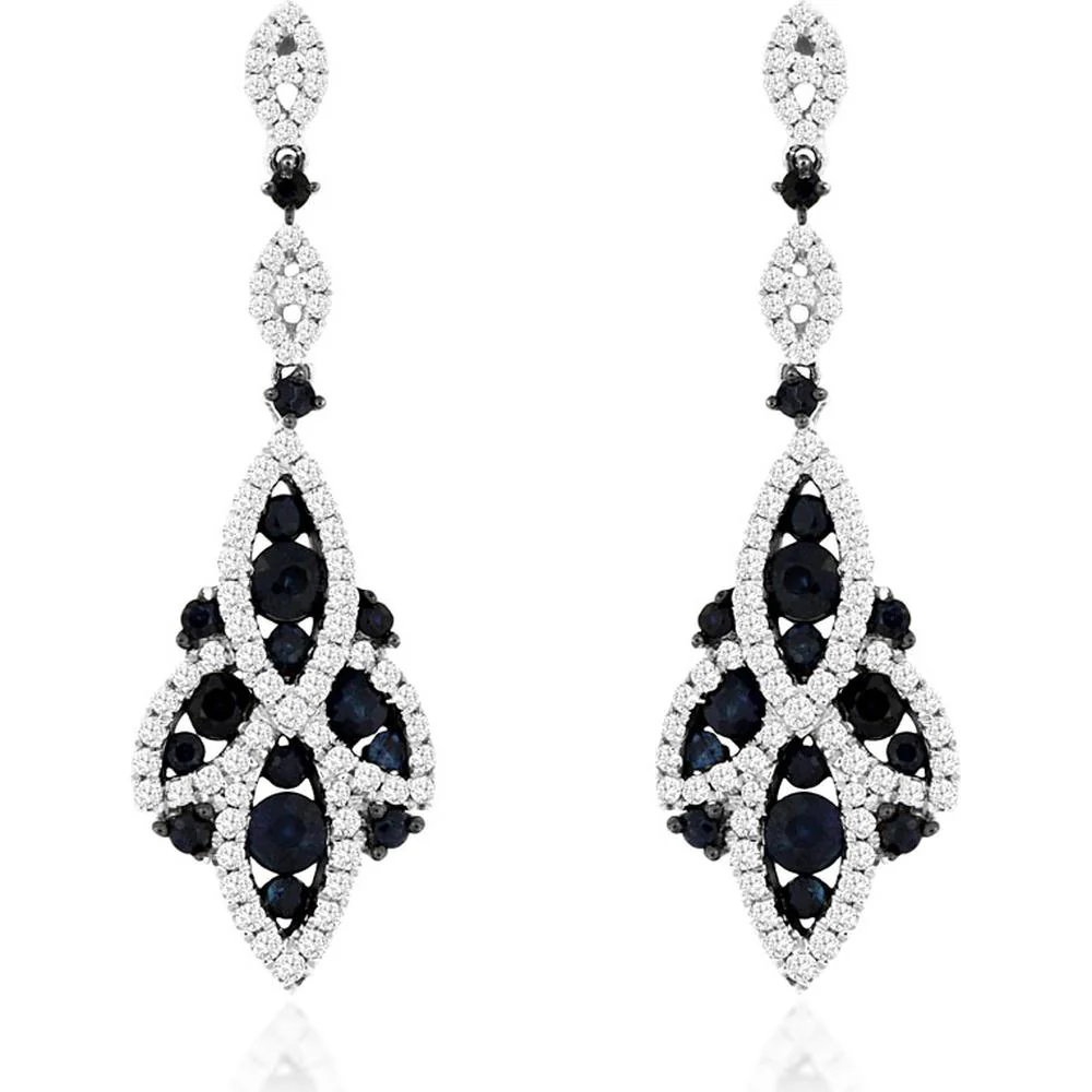 14K White Gold Sapphire and Diamond Marquise Drop Earrings with Halo Setting - 1.25 Carat Total Sapphire Weight and 0.64 Carat Total Diamond Weight - Royal Jewelry