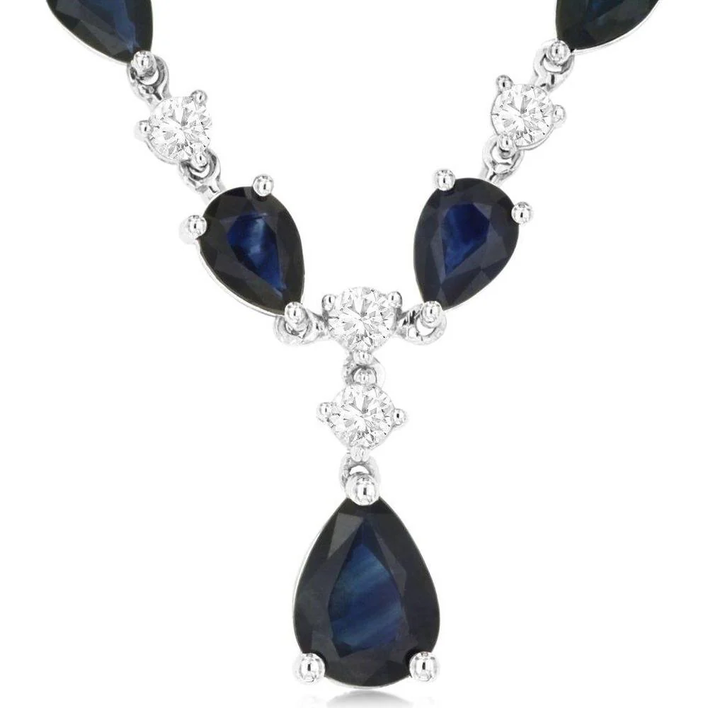 14K White Gold Sapphire & Diamond Necklace with Pear-Shaped Sapphires - 12.90 Carats Total Sapphire Weight - Royal Jewelry