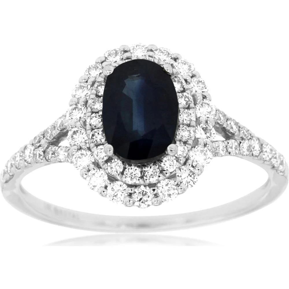 14K White Gold Sapphire & Diamond Oval Halo Ring - 1.50 Carats Total Gem Weight - Royal Jewelry