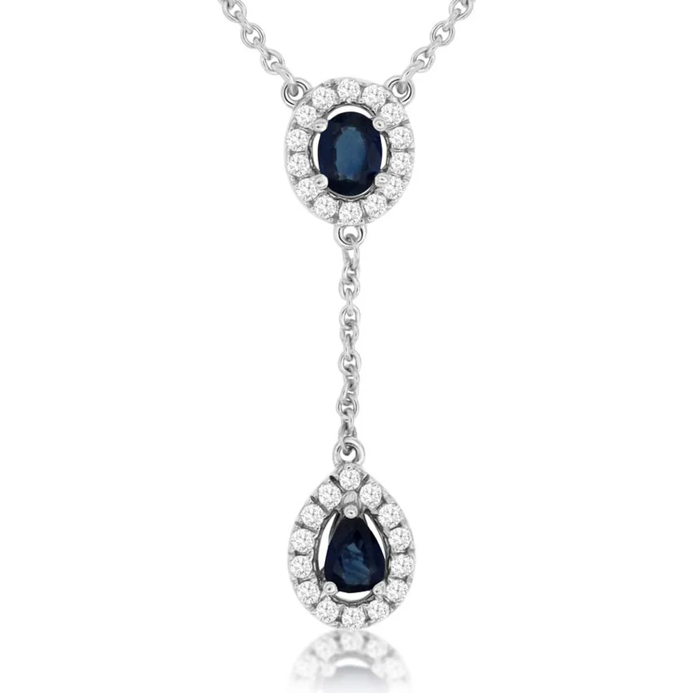 14K White Gold Sapphire and Diamond Pendant Necklace - 0.40 Carats Sapphire, 0.18 Carats Diamond Total Carat Weight - Royal Jewelry