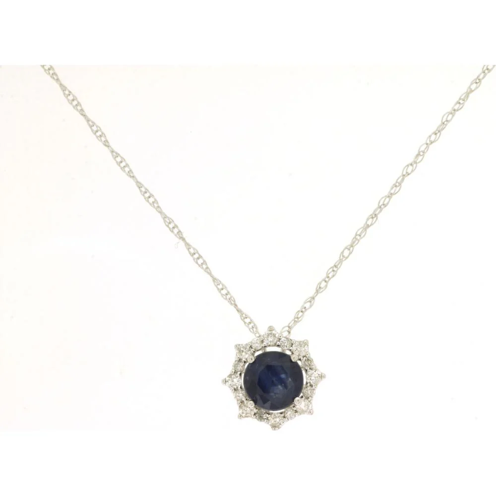14K White Gold Sapphire & Diamond Pendant Necklace - 0.45 Carats Sapphire, 0.10 Carats Total Diamond Weight - Royal Jewelry