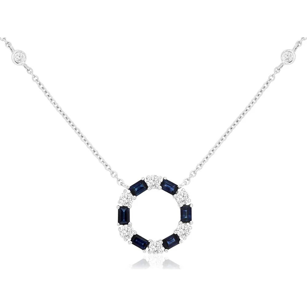 14K White Gold Sapphire & Diamond Pendant Necklace with Baguette Sapphires & Round Diamonds - 1.10 Carats Total Gem Weight - Royal Jewelry