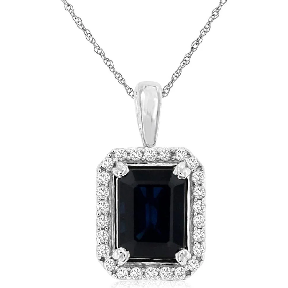 14K White Gold Sapphire & Diamond Pendant with Milgrain Detail - 2.30 Carats Sapphire, 0.20 Carats Diamond Weight - Royal Jewelry