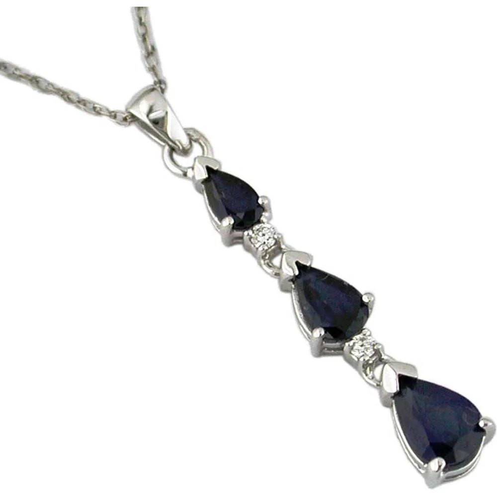 14K White Gold Sapphire & Diamond Pendant with Pear and Round Stones - 1.64 Carats Total Gem Weight - Royal Jewelry