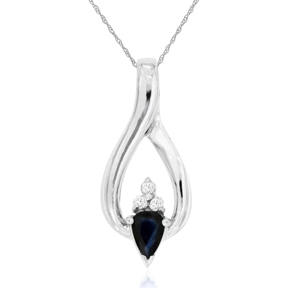 14K White Gold Sapphire & Diamond Pendant with Pear-Shaped Sapphire - 0.65 Carats Sapphire, 0.06 Carats Total Diamond Weight - Royal Jewelry
