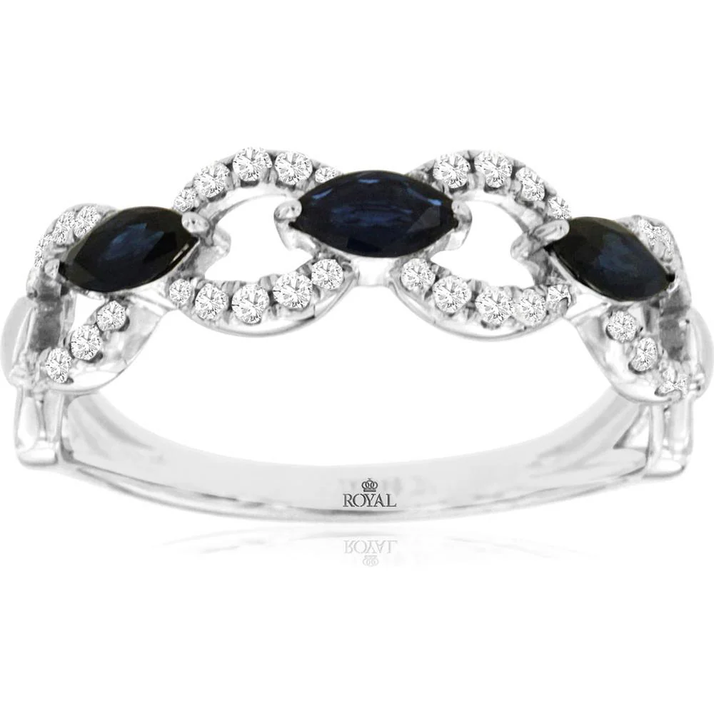 14K White Gold Sapphire & Diamond Ring with Marquise Sapphires and Round Diamonds - 0.77 Carats Total Gemstone Weight - Royal Jewelry
