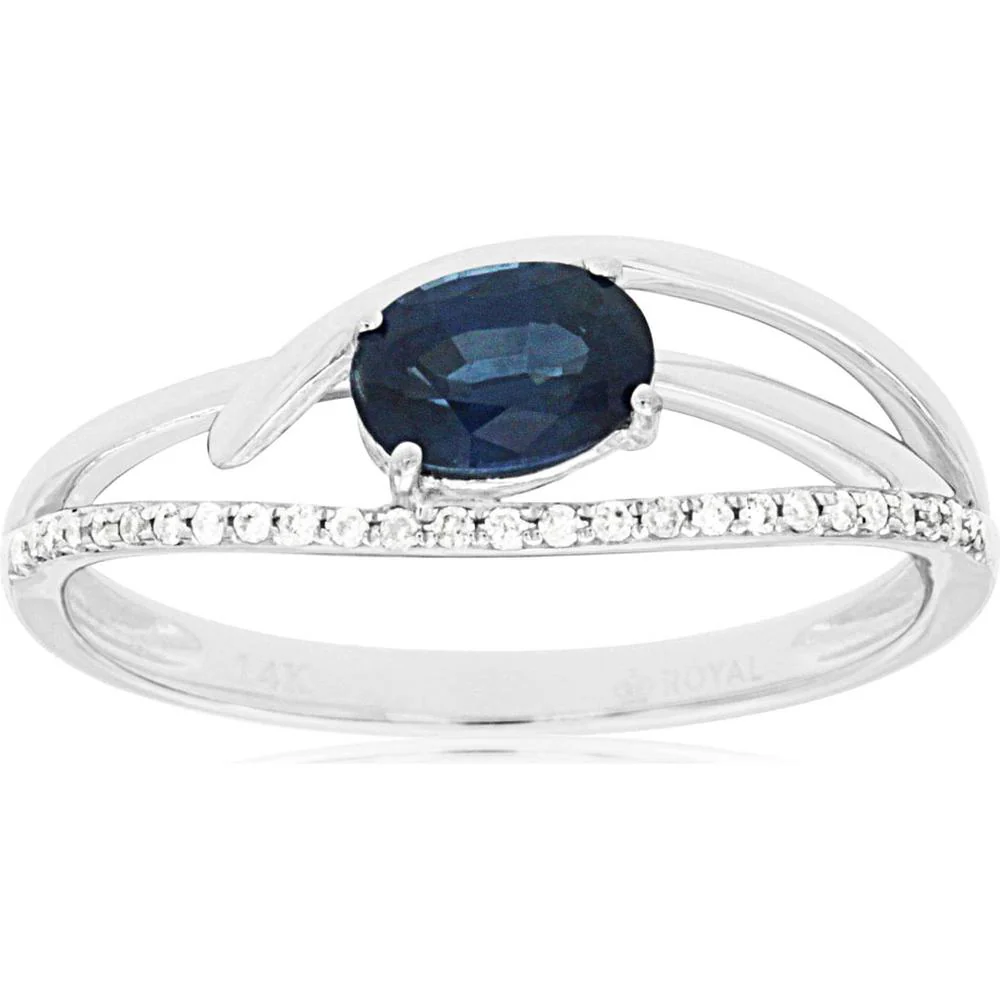 14K White Gold Sapphire & Diamond Ring with Oval Sapphire - 0.65 Carats Sapphire Weight, 0.08 Carats Total Diamond Weight - Royal Jewelry
