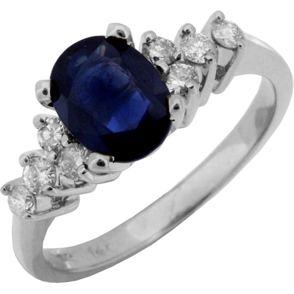 14K White Gold Sapphire & Diamond Ring with Oval Sapphire - 1.85 Carats Total Gemstone Weight - Royal Jewelry