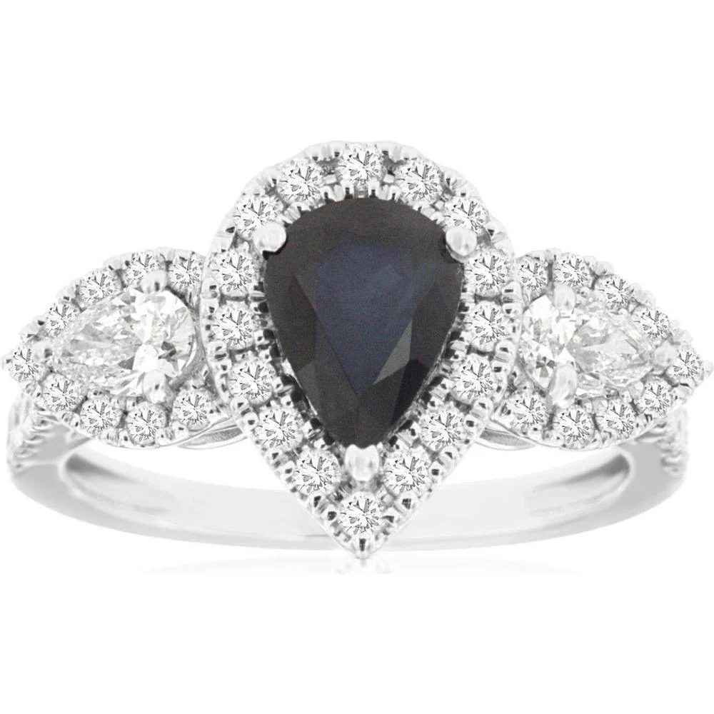14K White Gold Sapphire & Diamond Ring with Pear-Shaped Sapphire and Pear Diamonds - 2.20 Carats Total Gemstone Weight - Royal Jewelry