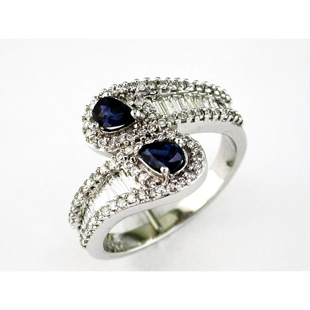 14K White Gold Sapphire & Diamond Ring with Pear-Shaped Sapphires and Round & Baguette Diamonds - 1.42 Carats Total Sapphire Weight - Royal Jewelry