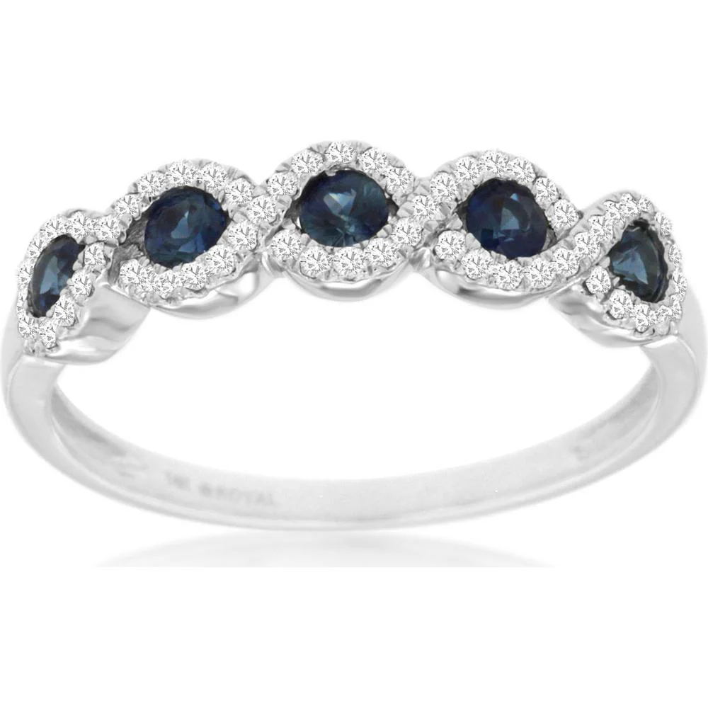 14K White Gold Sapphire and Diamond Ring with Round Blue Sapphires and Diamond Halo Accents - 0.28 Carat Total Sapphire Weight and 0.20 Carat Total Diamond Weight - Royal Jewelry