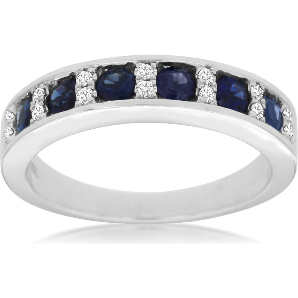 14K White Gold Sapphire & Diamond Ring with Round Sapphires and Brilliant Diamonds - 0.91 Carats Total Gem Weight - Royal Jewelry