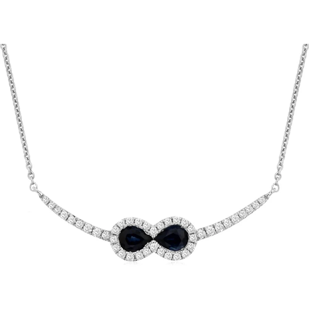 14K White Gold Sapphire & Diamond Smile Necklace with Pear-Shaped Sapphires and Halo of Diamonds - 0.58 Carats Total Gem Weight - Royal Jewelry