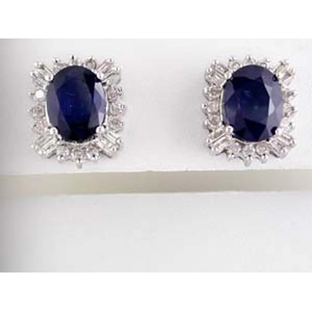 14K White Gold Sapphire & Diamond Stud Earrings - 3.30 Carats Total Sapphire & Diamond Weight - Royal Jewelry
