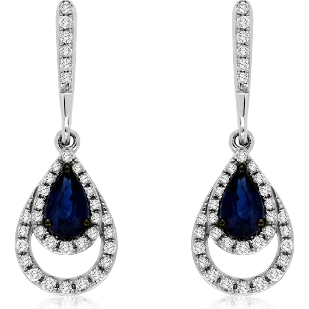 14K White Gold Sapphire and Diamond Teardrop Earrings with Pear-Shaped Sapphire - 1.10 Carats Total Gem Weight - Royal Jewelry