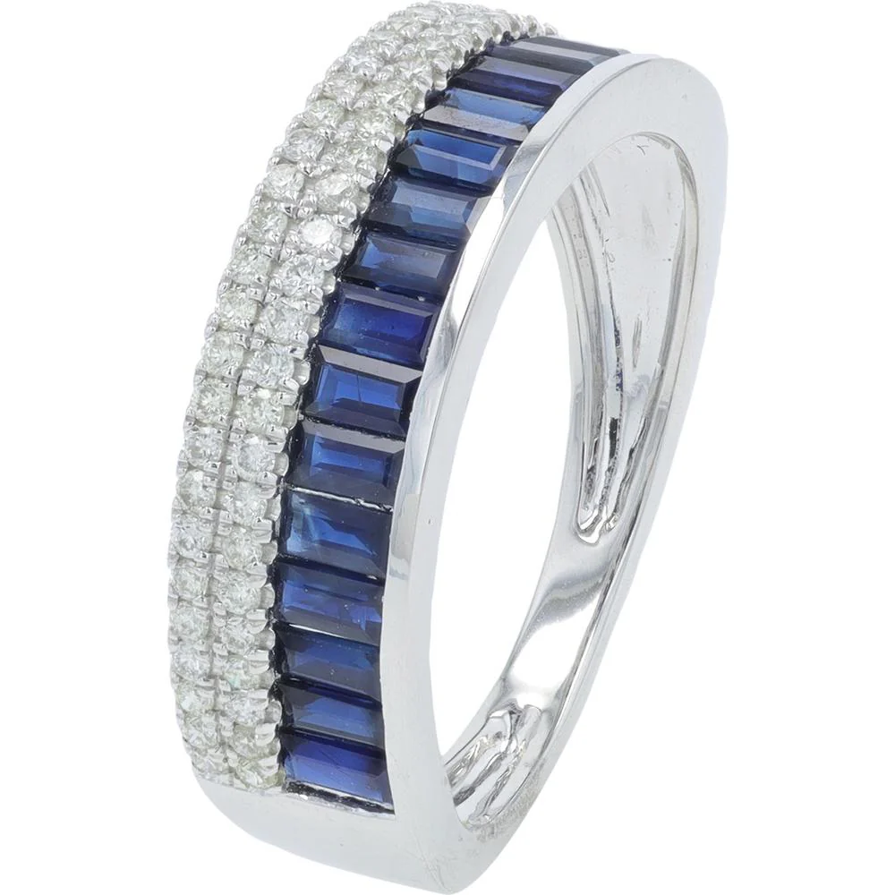 14K White Gold Sapphire Band with Baguette - Cut Sapphires and Diamond Accents - 1.20 Carat Total Sapphire Weight, 0.30 Carat Total Diamond Weight