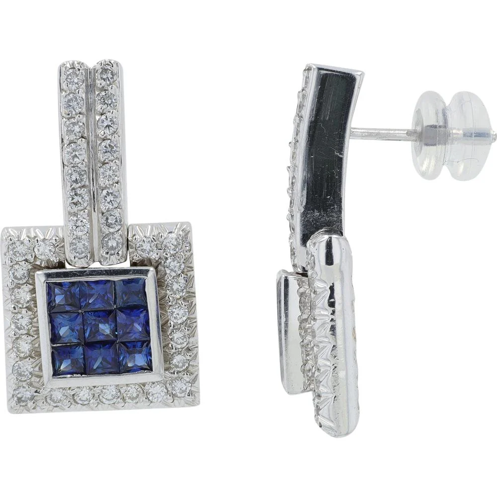 14K White Gold Sapphire Earrings with Diamond Halo - 1.00 Carat Sapphire and 1.50 Carat Total Diamond Weight - Image 2