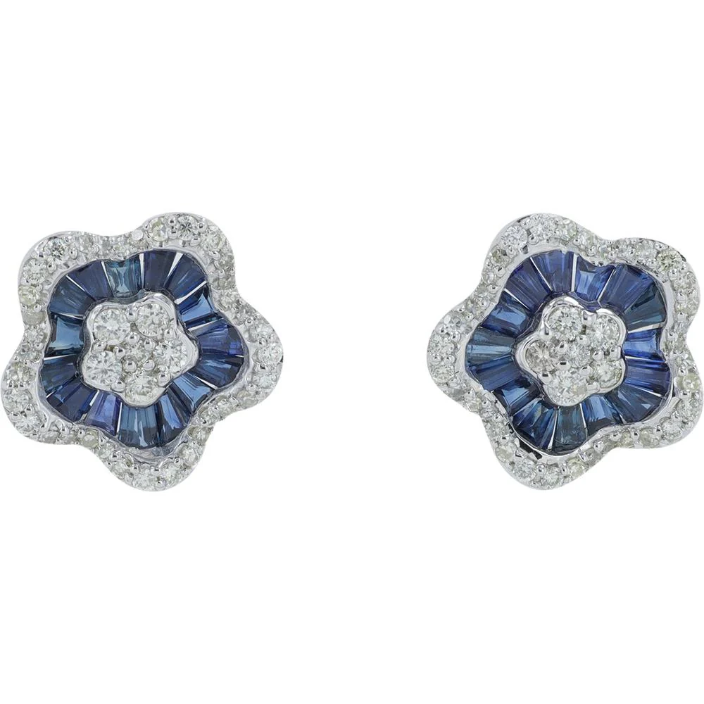 14K White Gold Sapphire Flower Earrings with 0.45 Carat Total Diamond Weight - 1.50 Carat Total Sapphire Weight
