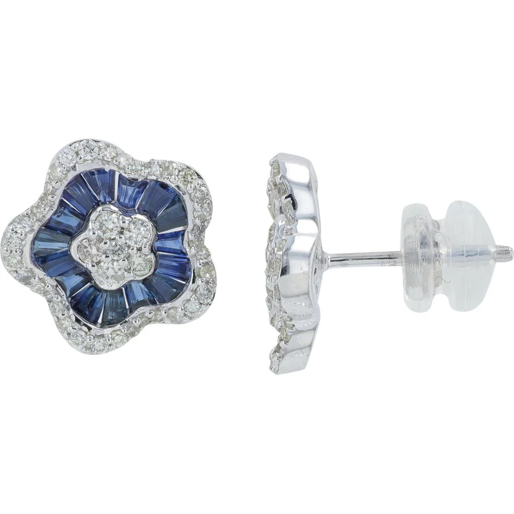 14K White Gold Sapphire Flower Earrings with 0.45 Carat Total Diamond Weight - 1.50 Carat Total Sapphire Weight - Image 2