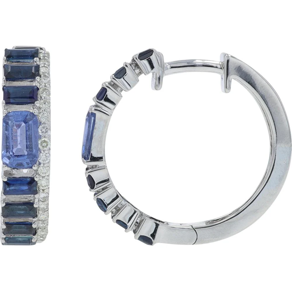 14K White Gold Sapphire Hoops with 1.70 Carat Total Blue Sapphires and 0.20 Carat Diamonds