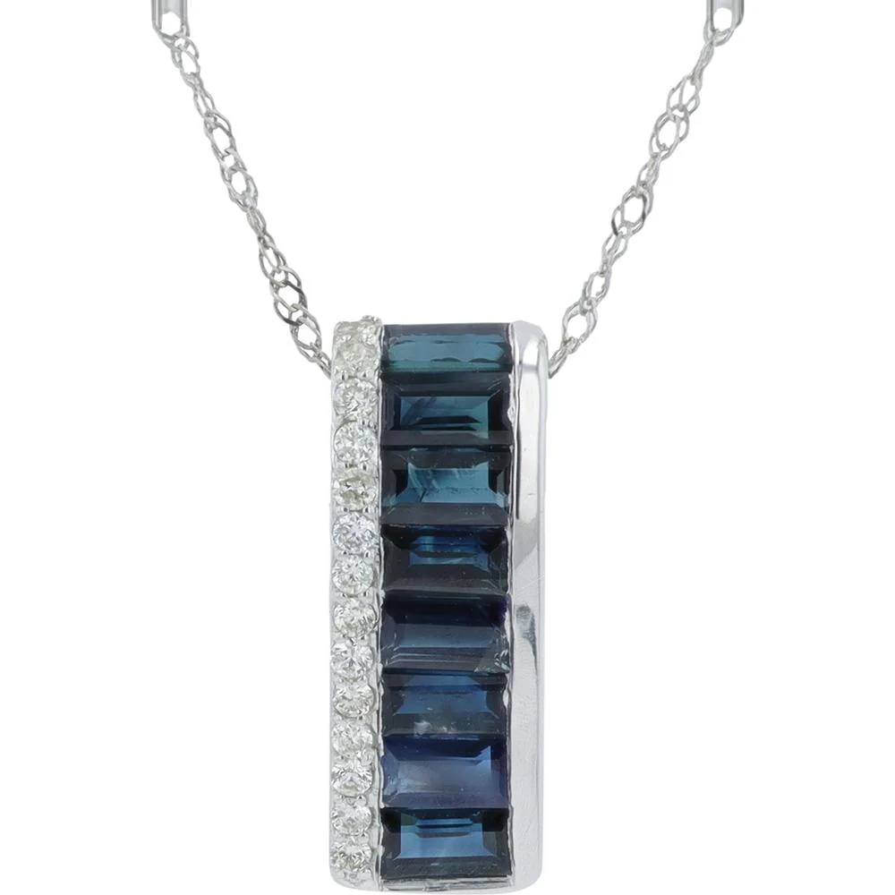 14K White Gold Sapphire Necklace with Baguette and Round Diamonds - 1.40 Carat Total Sapphire Weight, 0.10 Carat Total Diamond Weight
