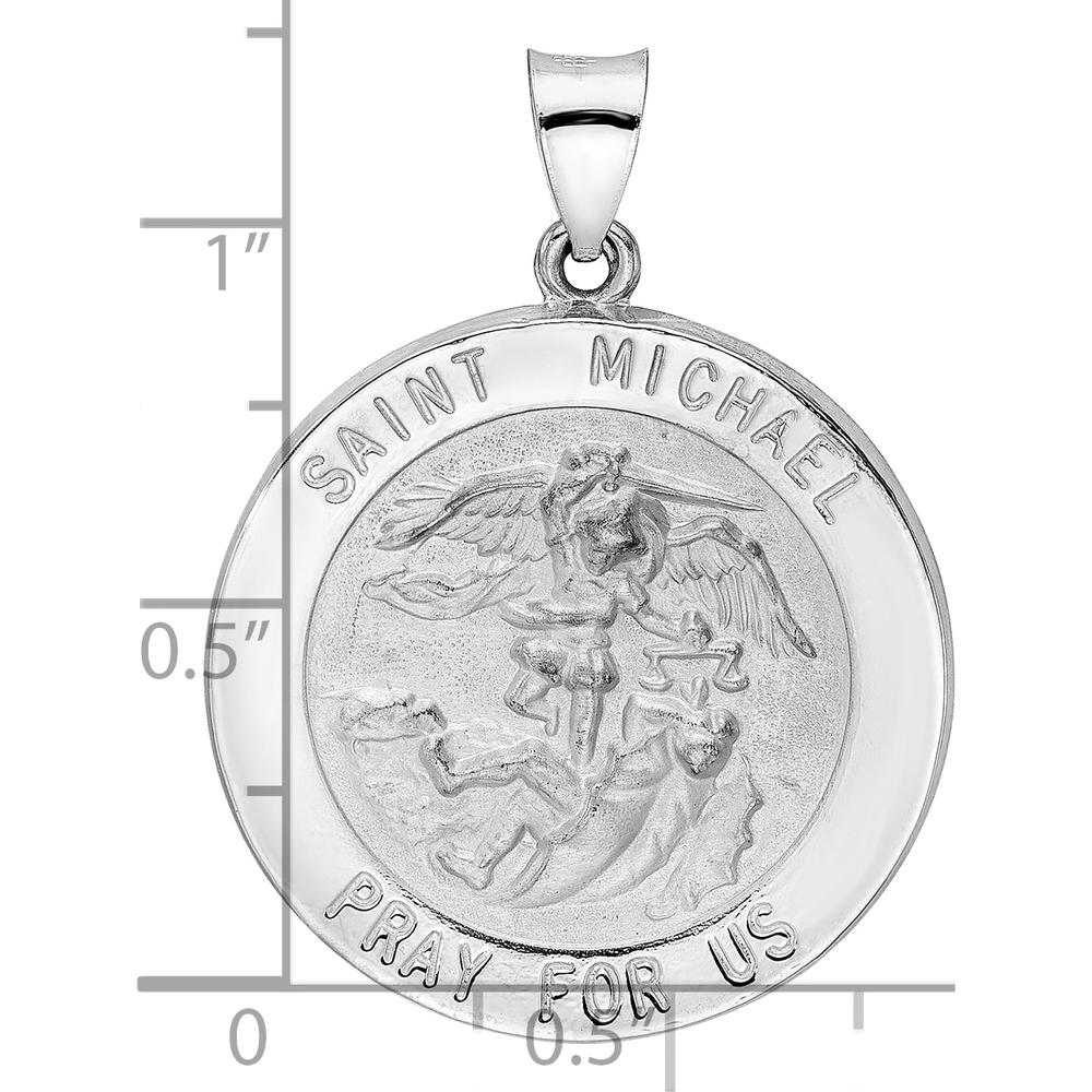 14K White Gold Satin and Polished St. Michael Round Pendant Medal with Hollow Design by Oro Pregiato - Image 3