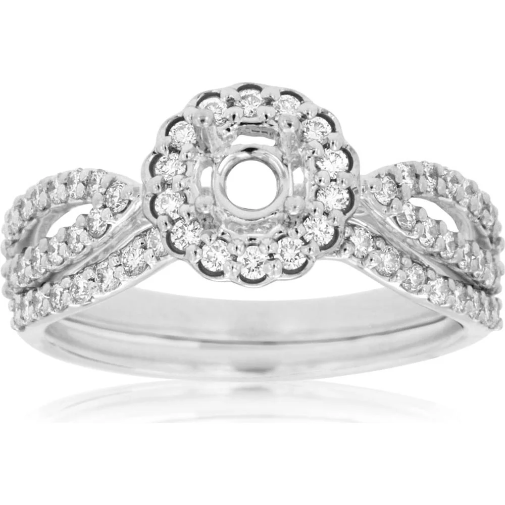 14K White Gold Semi-Mount Engagement Ring with Scalloped Diamond Halo and Split Shank Diamond Band - 0.60 Carat Total Diamond Weight - Royal Jewelry