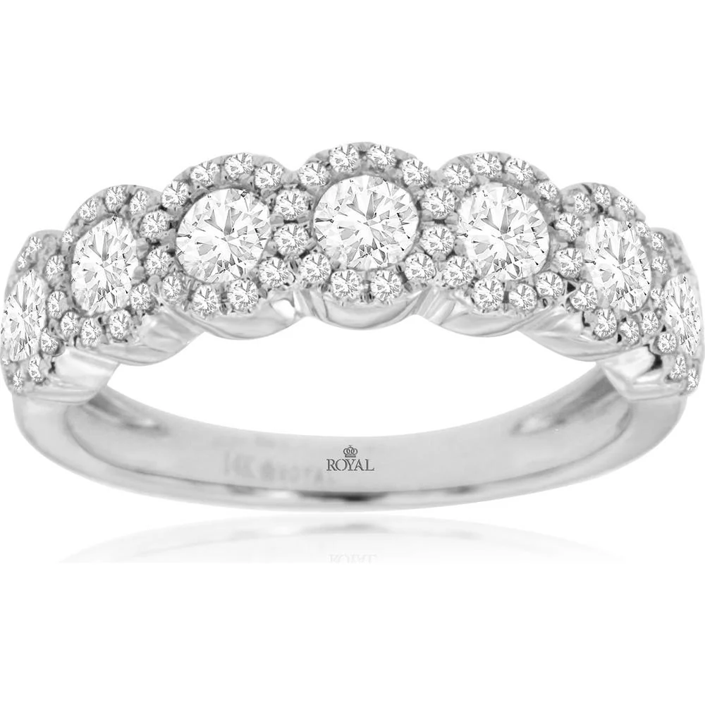 14K White Gold Seven-Stone Halo Diamond Wedding Band with Round Brilliant Cut Diamonds - 1.15 Carat Total Diamond Weight - Royal Jewelry