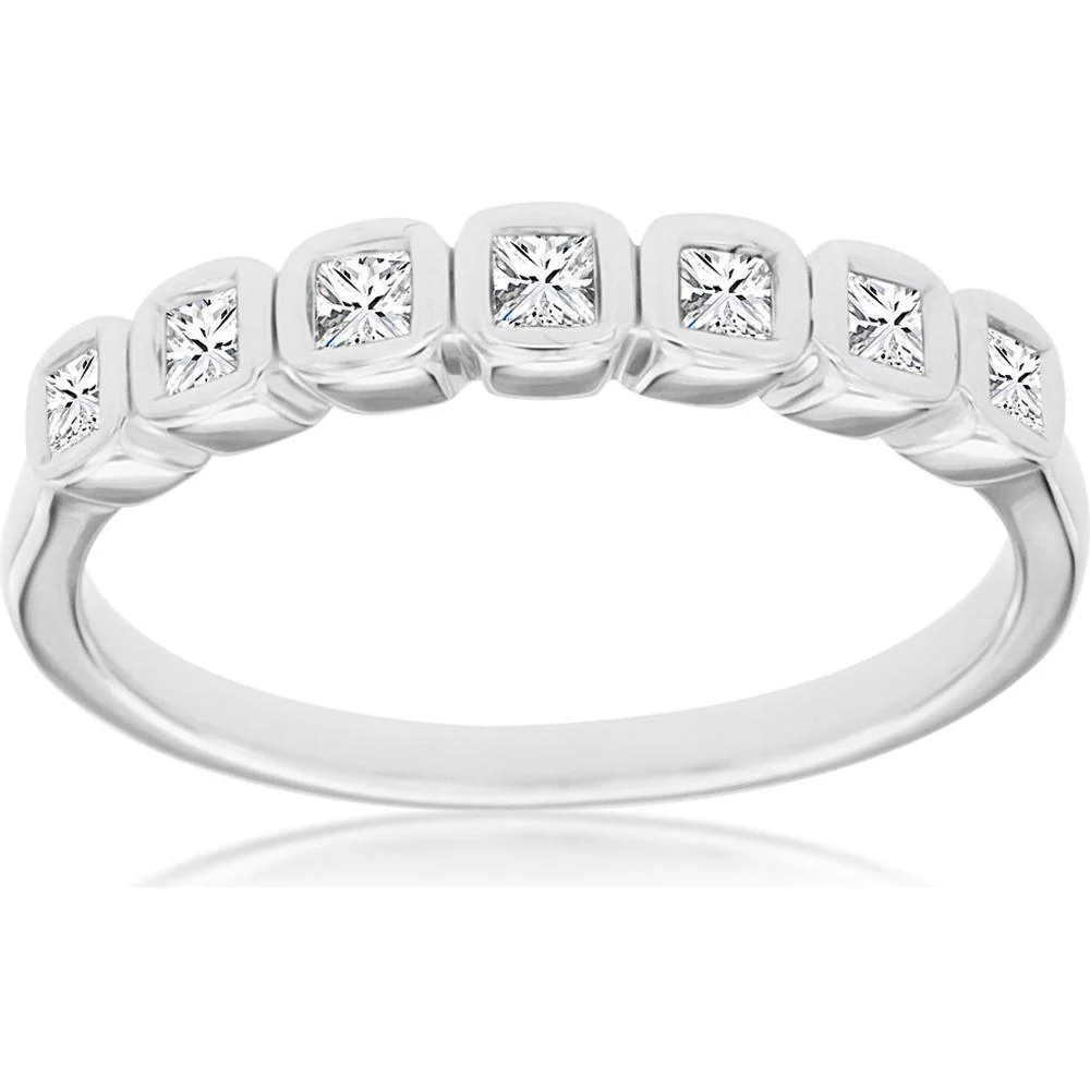 14K White Gold Seven-Stone Wedding Band with Bezel-Set Princess Cut Diamonds - 0.25 Carat Total Diamond Weight - Royal Jewelry