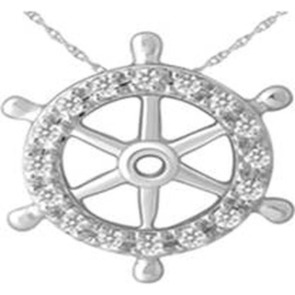 14K White Gold Ship Wheel Pendant with Round Brilliant Diamonds - 0.05 Total Carat Weight - Royal Jewelry