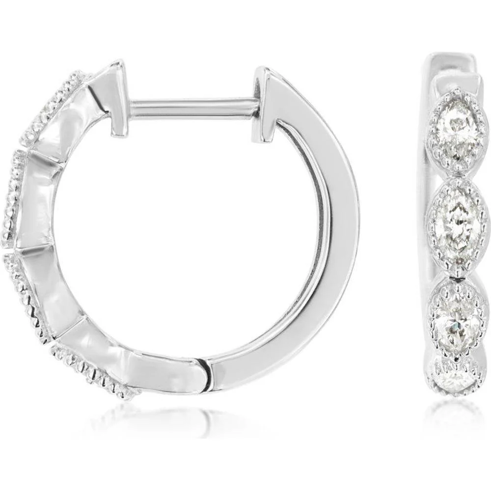 14K White Gold Small Diamond Hoop Earrings with Milgrain Detail - 0.45 Carat Total Diamond Weight - Royal Jewelry