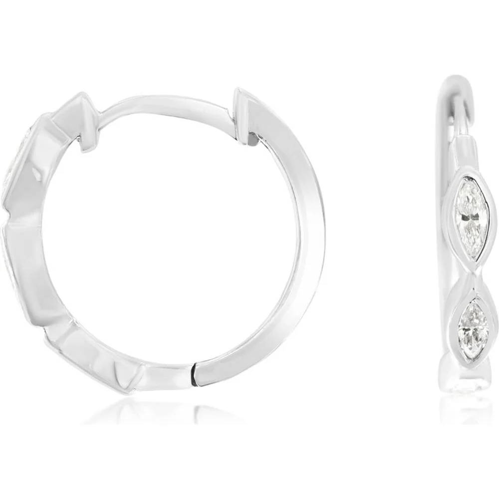 14K White Gold Small Hoop Earrings with Bezel Set Marquise Cut Diamonds - 0.50 Carat Total Diamond Weight - Royal Jewelry