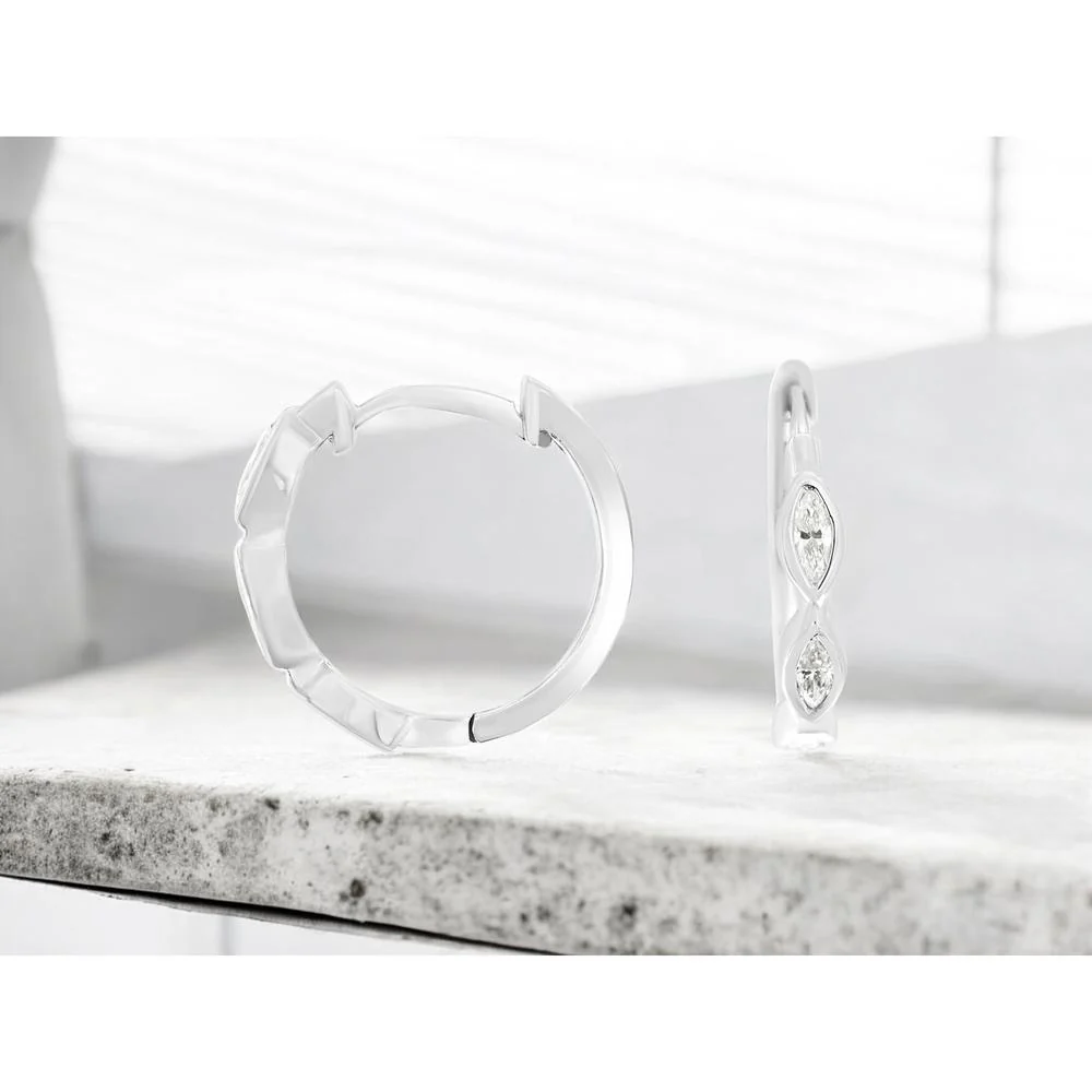 14K White Gold Small Hoop Earrings with Bezel Set Marquise Cut Diamonds - 0.50 Carat Total Diamond Weight - Royal Jewelry - Image 2