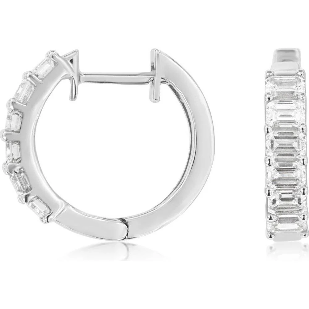 14K White Gold Small Hoop Earrings with Channel-Set Step Cut Baguette Diamonds - 1.20 Carat Total Diamond Weight - Royal Jewelry